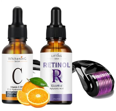 Vitamin C Serum & Retinol Serum Microneedling Set, Anti-Aging Serums mit 540 Titanium Derma Roller 0.5mm, Tages- und Nachtpflege Gesichtsserum für Anti-Falten, Straffere Haut, Dunkle Flecke