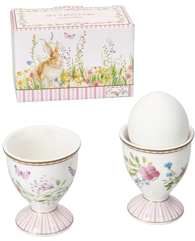 MamboCat Happy Easter Lot de 2 coquetiers en porcelaine pour 2 personnes I Coquetiers ronds en porcelaine avec pied et décor de Pâques I pour l'œuf doux ou dur au brunch et au buffet