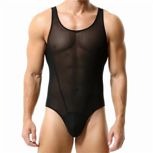 XUANFXPJ Herren Turnanzug Bodysuit, Sexy Mesh Atmungsaktive Unterhemden Wrestling Singlet Fashion Fitness Gay Shapewear(Black,XL)