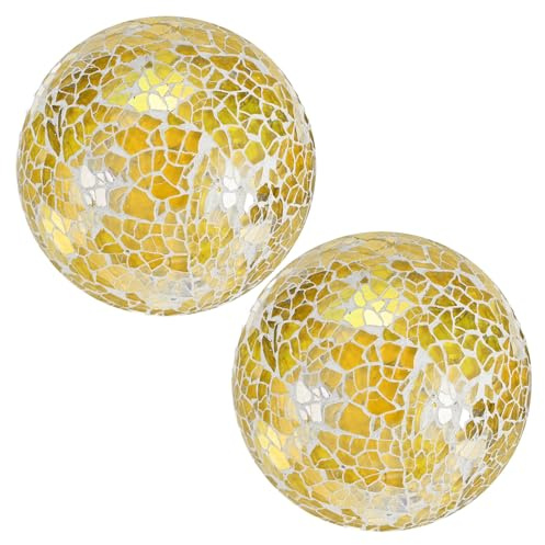 M METERXITY 2-Pack Decorative Ball for Bowls, 4 Inch Mosaic Glass Balls Decorative Glass Orbs for Home Decor/Dining Tables/Wedding Party/Coffee Table/Centerpiece Decor [Yellow]