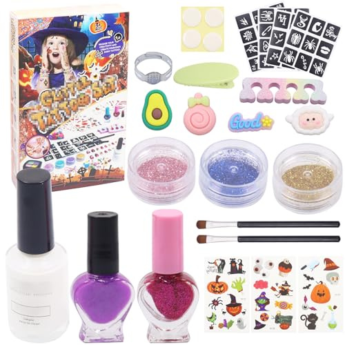 Glittertatueringsset barn, halloween glittertatueringar barn, glittertatueringsset med glitter, stenciler, borste, lim, ringar, hårklämmor, tatueringsklistermärken, halloween sminkset för flickor och