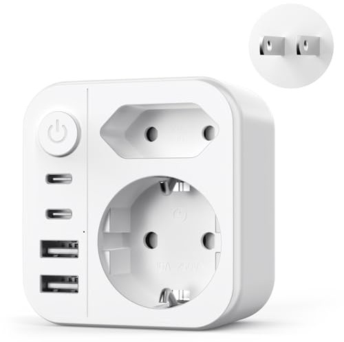 6 en 1 Adaptateur Prise Japon,2 Prises 2 USB A Ports 2 USB C Ports Adaptateur Type A,Connecteur Schuko vers Type A pour Les États-Unis, Japon, Canada,Etc