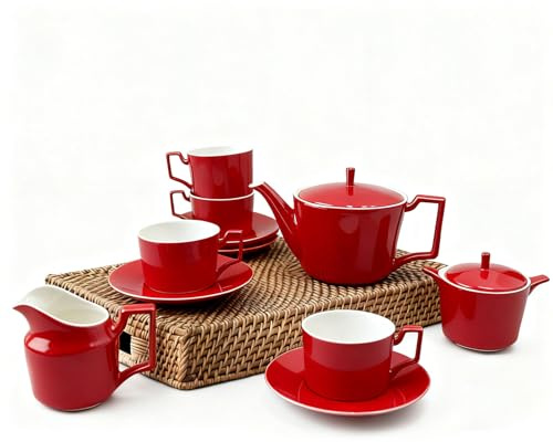 Porcelain Tea Sets for Adult, Ceramic Tea Service Set for 4 with Teapot Sugar Bowl Cream Pitcher - Tea Party Set for Women Gifts,Home&Party,Red