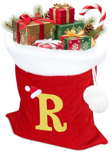 Nikolaussack, Weihnachtsmannsack Personalisierter Weihnachtssack Aus Samt Mit Brief-Stickerei, Extra Groß für Geschenke & Stocking Stuffers, Traditionell Rot-Weiß (R)