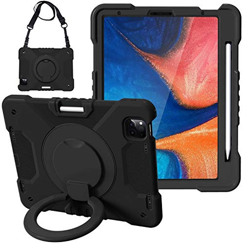 Tablettskydd Tablet Väska till iPad 2020 AIR4 10.9 / PRO 11, Barn slitstarkt stötskyddat skyddskåpa, med vikningshandtag, roterande kickstand, bär axelrem(Black+black)