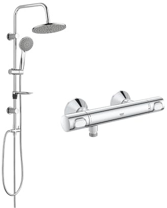 Belvit GROHE QuickFix Precision Flow Thermostat Duschset, Chrom Grau | Regendusche Ø 20 cm, Handbrause Mehrstrahl, Duschstange 85 cm, SafeStop 38° C, EcoJoy wassersparend, Duschsystem, Wandmontage