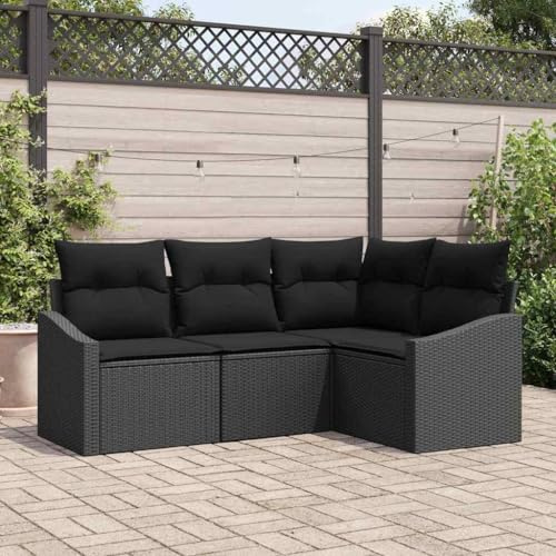 Kaloriko Garten Loungeset 4-teilig, Schwarz Poly-Rattan, Outdoor Sofa mit Kissen, Höhenverstellbarer Tisch, UV-beständig, Wetterfest, Modular, für Balkon & Terrasse
