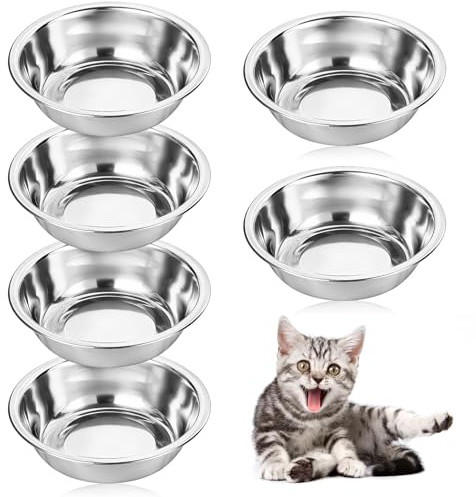 6 Stuck Edelstahl-Katzennapf-Set, Kätzchen-Teller, Flacher, breiter, schnurrbartfreundlicher Napf für Katzenfutter und Wasser, spülmaschinenfest, geeignet für kleine Hunde und Katzen im Haus