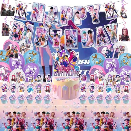 K Pop Demon Hunters Party Supplies, 50 PCS Birthday Decorations Set Include Banner, Balloons,, Hanging Swirls, Cake Cupcake Toppers, Tablecloth for Boys Girls Hunters Theme Party