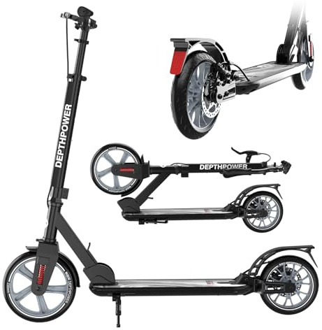 Tretroller Erwachsene Kinder bis 150 kg | höhenverstellbarer Lenker 86-113 cm - 230 mm ABEC-9 XXL-Rollen - Scheibenbremse + Fußbremse - Doppel-Federung (vorn+Pedal)