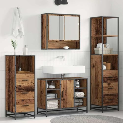 HengCaDa Bathroom Furniture Set with Washbasin, Mirror Cabinet, Tall Cabinet and Wall Cabinet Made of Wood in Reclaimed Wood Look, Space-Saving with Lots of Storage Space and Drawers for Bathroom and