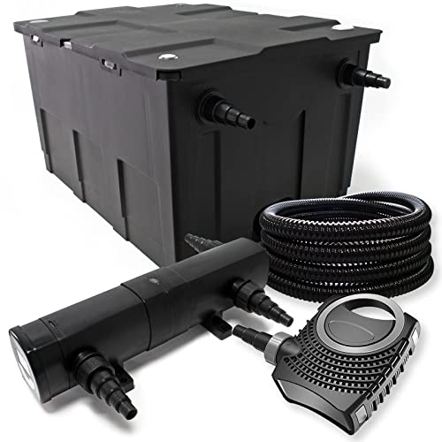 Wiltec Komplettset: CBF-550 Teichfilter bis 60000 L Teichfilteranlage als Durchlauffilter, NEO10000 SuperECO Teichpumpe 10000l/h 80W, CUV-218 Teichklärer UVC Klärer mit 18W, 25m Teichschlauch 25 mm