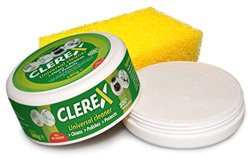 CLEREX® DETERGENTE BRILLA ACCIAIO, pulisce e lucida tutti i metalli. Anticalcare con effetto anti-goccia. 180gr con spugna
