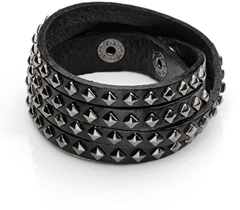 Zysta Schmuck Herren Damen Echtleder Armband Druckknopf Nieten Leder Armreif Verstellbaren Lederarmband Punk Biker Unisex Multi Layers Rivet Armreifen Schwarz+Geschenkbox