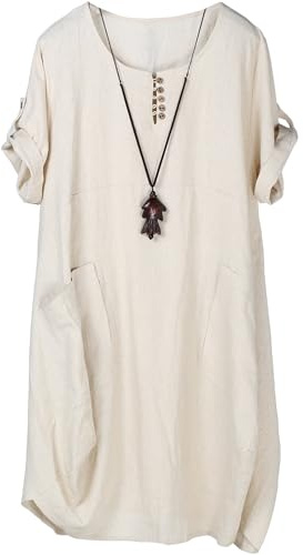 FTCayanz Vestito Donna Manica Corta Abito Tunica Midi Taglie Forti Abiti Lino Camicetta Beige XXL