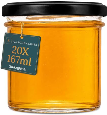 Flaschenbauer - 20x Sturzgläser 167ml - Einmachgläser mit TO Deckel, Marmeladengläser, Schraubgläser, Einmachglas, Aufbewahrung von Gewürze uvm, Twist-Off-Deckel - Made in Germany (Schwarz)