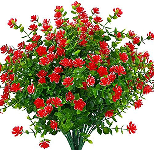 Ruiuzioong Künstliche Blumen, 4er-Pack, UV-beständig, grüne Sträucher, Pflanzen, drinnen und draußen, zum Aufhängen, Pflanzgefäß, Dekoration für Haus und Garten (Rot)