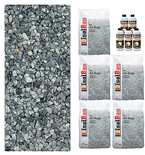Isolbau Steinteppich SET Marmorkies 125kg + Bindemittel bis 12,5m² Ice Blue 4/8mm Epoxidharz, Terassenboden, Natursteinboden Marmorkies Bodenbelag Steinboden Bodenbeschichtung Marmorstein, Innen Außen