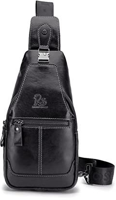 LOONGYOON Bolsa de Pecho Para Hombres Bolso de Cuero Genuino Deportes y Ocio al Aire Libre Bolsa Pectoral Multifuncional Vintage de Moda e Impermeable Negro