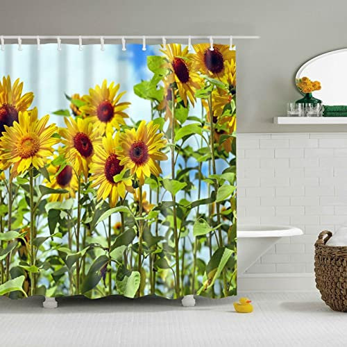 KADING Schöne Blumen-Duschvorhänge, Sonnenblumen-Blume, Blumenmuster, Badezimmervorhang, Stoff, wasserdichter Polyester-Badevorhang mit 12 Haken 125x200cm(BxH)
