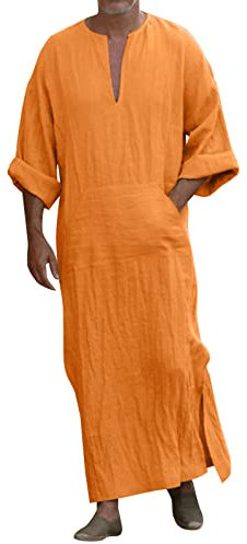 Beokeuioe Side Split Short Sleeve Robe V-Neck Men's Kaftan Cotton with Pockets High Thobe Long Dress Nightdress for Men Thin Dressing Gowns, A2 Orange, S