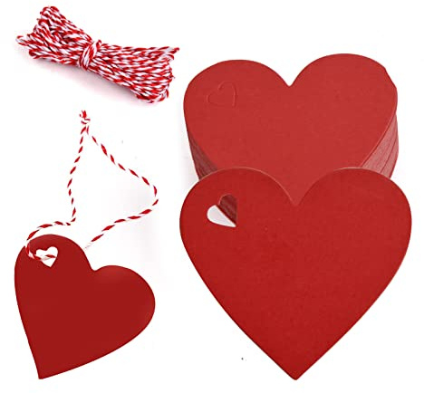 Laughhe 100 Piezas Etiquetas Papel Kraft Forma de Corazón, Etiquetas de regalo de San Valentín Rojas Etiquetas de Regalo de Papel Kraft con 10M Cuerdas para Boda Aniversario San Valentín
