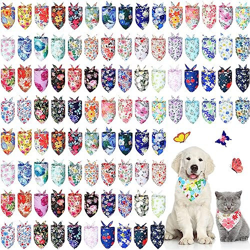 Sweetude 100 Pcs Dog Bandanas Bulk Floral Pattern Triangle Scarf Adjustable Washable Bandana Bibs for Small Medium Large Dogs Pets