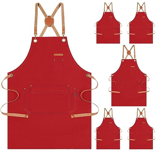 Genixart Kochschürze für Männer und Frauen, mit Taschen, Kreuzrückenschürze für Küche, Kochen, Backen, Künstler, Malerei, Baumwollleinen, Arbeitsschürzen für Restaurant, Café, Garten, Rot, M bis XXL