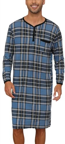 Rutiga pyjamasöverdelar för män, mjuka nattkläder, andningsbara nattlinne, knälängd, nattskjortor, långärmad, lösa nattkläder, vardagskläder, Blå rutig (94 % polyester, 6 % spandex) -typ1, XL
