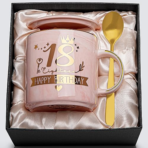 Cadeau 18 Ans Fille, Cadeau Anniversaire 18 Ans Fille,400ml Céramique Tasse | Idée 18 Ans Cadeau Femme pour Sœurs, Amie, Épouse, 5pcs avec 14oz Mug, Cuillère, Couvercle, Carte, Boîte Cadeaux