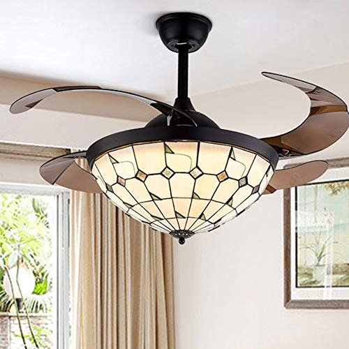 CENAP 42 Tiffany Style Ceiling Fan with Light, Mediterranean Vintage Dimmable LED Chandelier Fan Remote Control with Retractable Blades 3 Colors 3-Speed for Bedroom Living Room (Black)