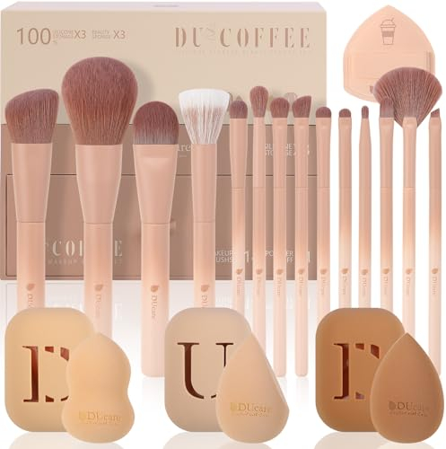DUcare Christmas Makeup Brush Set 18Pcs - The Coffee Series Luxury Professional Makeup Brushes 14Pcs and 3Pcs Make up Sponges for Holiday Gifts with Elegant Gift Box
