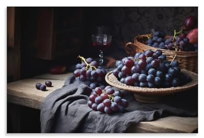 FOCCAR Wooden Table Grapes Canvas Wall Art Country Rustic Basket Fruit Posters Wall Decor Painting Art for Home Room Artwork