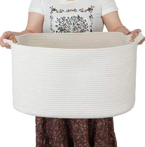 XUANGUO Large Rectangle Blankets Basket Living Room 22x17x12 Woven Cotton Rope Storage Baskets for Nursery Toy Baskets for Kids and Dogs Wicker Laundry Basket Bin for Clothes Towels white