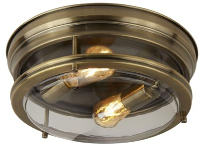 Licht-Erlebnisse Badezimmerlampe Decke Ø 35 cm rund H: 14,5 cm IP44 in Messing antik für 2x E27 Deckenleuchte Bad Deckenlampe Badezimmer