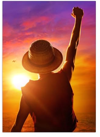 Displate Offiziell One Piece MetallPoster Magnetische Befestigung Inklusive Lizenziert Bilder Hochwertiges Poster Key Art - Luffy Sunset 67.5 cm x 48 cm