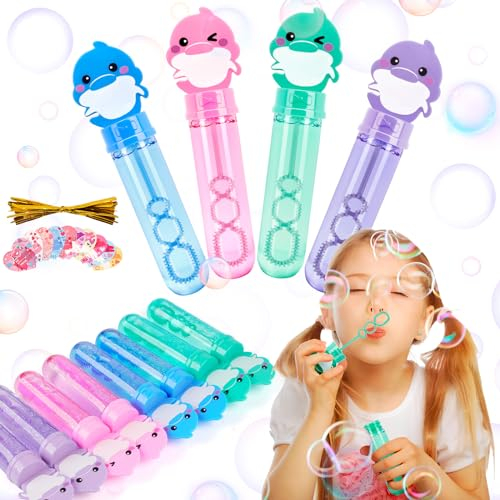 ilauke 8 Stück Seifenblasen, 4 Farben Delphin, Mini Set mit 10 Karten und Bindegurten