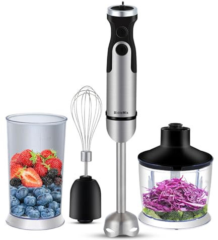Stabmixer, Stainless Steel Pürierstab Set, Pürierstab,5 in1,1200W Kabelloser Stabmixer, Inklusive Schneebesen, Zerkleinerer,Milchschäumer, 500ml Lebensmittelhacker und 800ml Messbecher. (4-in-1)