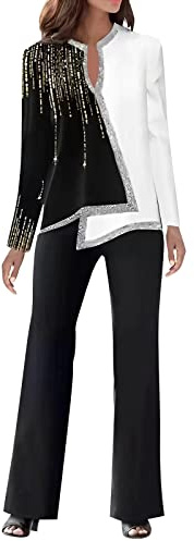 IQYU Traje de pantalón para mujer con purpurina, festivo, para invitados de boda, elegante, dos piezas, verano, manga larga, dobladillo asimétrico, pantalones de traje, pantalones de tela de cintura