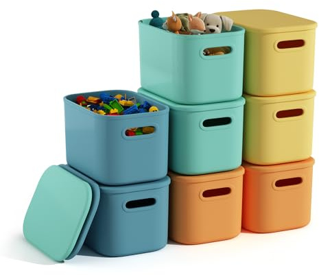 BOBIBOSS 8 Pack Colorful Storage Bins with Lids for Shelves, Classroom Storage Bins, Stackable Colored Bins, Plastic Storage Containers with Lids for Organizing, Storage Boxes for Craft, Art Supplies