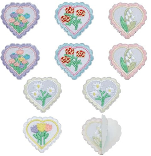 FINGERINSPIRE 10 parches autoadhesivos de corazón pequeño, 5 estilos de corazón para coser en apliques de rosas, margaritas, tulipán, lirio del valle, parche bordado para reparación, accesorios de