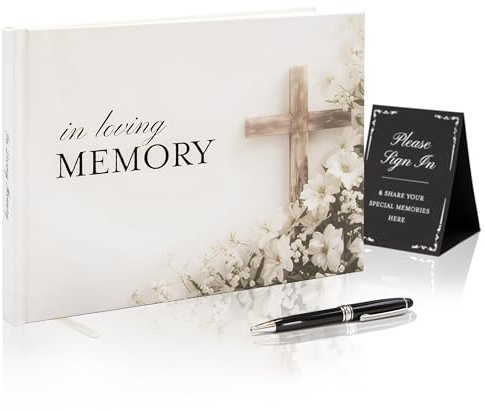Modern Album Designs Cross Hardcover Funeral Guest Book - 9.5 x 7 Celebration of Life Guestbook for Memorial Service with 5x7 Paper Sign, Pen, Black Photo Corner Stickers