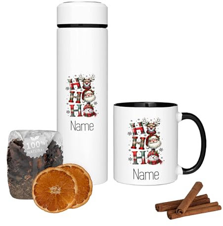 GRAZDesign Geschenkset Weihnachten Thermo Teeflasche mit Tasse Schwarz, personalisiert mit Namen Motiv HO HO HO