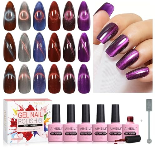 AIMEILI Cat Eye Gel Set UV Nagellack Magnet 6 Farben Cat Eye UV Gel mit 1 Magnet Mehrfarbig LED UV Gel Nagellack Set 6-71
