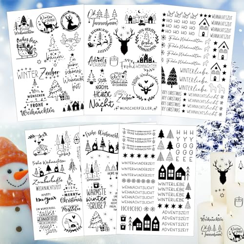 JWDMHSJ 6 Stück Rub On Sticker Weihnachten, Folie Transferaufkleber, für Glas, Holz, Keramik, Vintage, DIY-Kunsthandwerk, Geschenke Deko, B