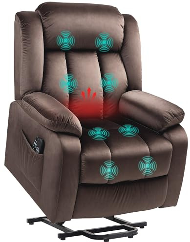 HOMCOM Fernsehsessel mit Aufstehhilfe Elektrisch Relaxsessel Braun | Liegefunktion, Vibrationsmassage, Heizfunktion, USB-Anschluss, TV-Sessel mit Taschenfederkern, Seitentasche, Fernbedienung