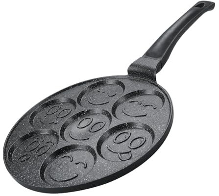 Herzberg, HGCP267SML, Poêle à crêpes et galettes 26 cm avec 7 motifs smiley emoji, Idéale pour Cuisson Saine, Résistante aux Rayures, Facile à Nettoyer, couleur argentée