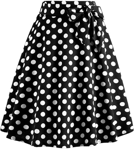 WERFORU Jupe midi pour femme années 50 - Polka Dot Rockabilly Vintage A Line Swing Jupe plissée avec ceinture, Noir , L