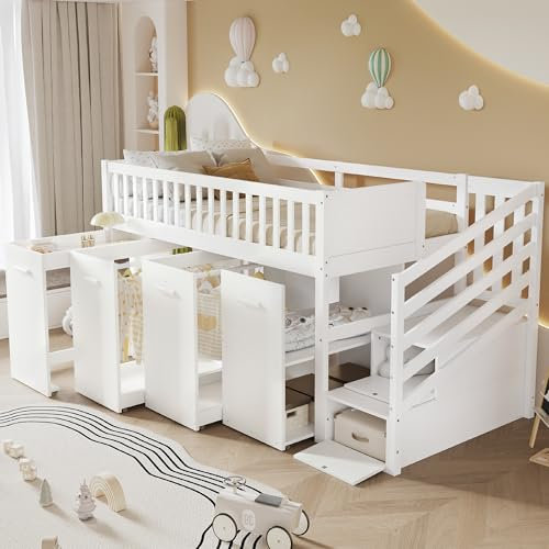 Kinderbett 90x200 Hochbett mit Treppe, Schreibtisch und Kleiderschrank, Etagenbett Einzelbett mit Schließfächern und Lattenrost, Stauraumbett Jugendbett Bettgestell Funktionsbett, ohne Matratze, Weiß