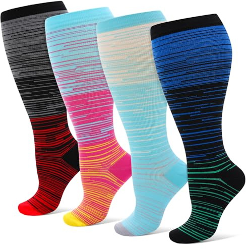 Zuimei 4 Pairs Plus Size Compression Socks for Women & Men, 20-30 mmHg Wide Calf Large Flight Socks Knee High Compression Stockings for Athletic Nurse Running Travel (4XL)